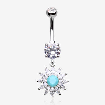 Marquise Sparkle Rays Turquoise Flower Belly Button Ring-Clear Gem/Turquoise